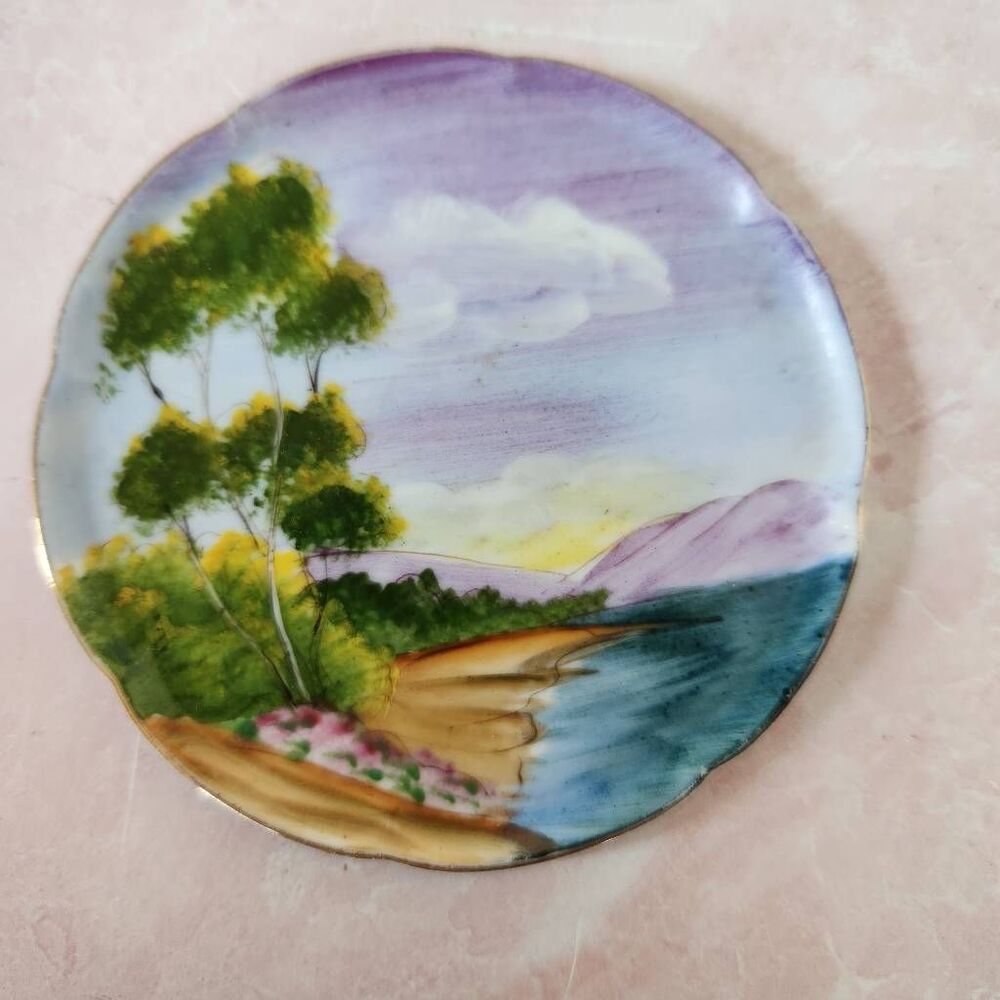 Saji hand painted Japanese mini plate fancy China Sunset Beach 3 in